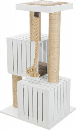 Biały drapak dla kota z drewnianymi budkami, platformą widokową i grubym sznurem Be Nordic stojący Skadi 114cm